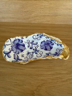 Oyster Shell handcrafted Blue Floral Decorative Trinket Dish with Gold Trim